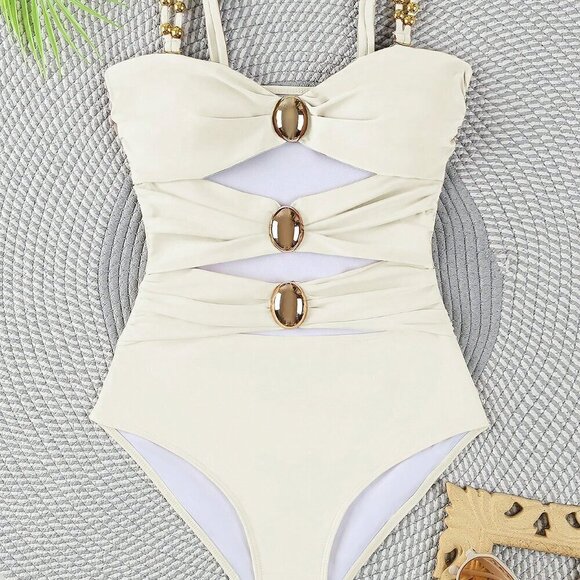 White Sexy Women's Hollow Out Solid Color Daily One-Piece Swimsuit - Picture 2 of 5